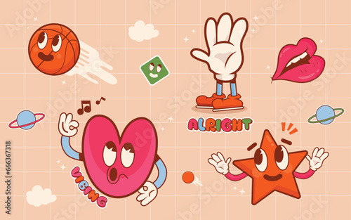 Collection of icons with fun retro graphic elements of balls, stars, lips and love shapes. illustration of cute cartoon stickers on a pink background.