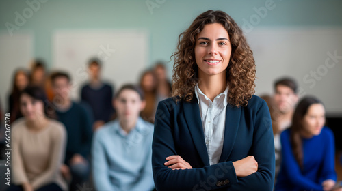 Profesora mujer joven blanca con rulos en medio de un aula  photo