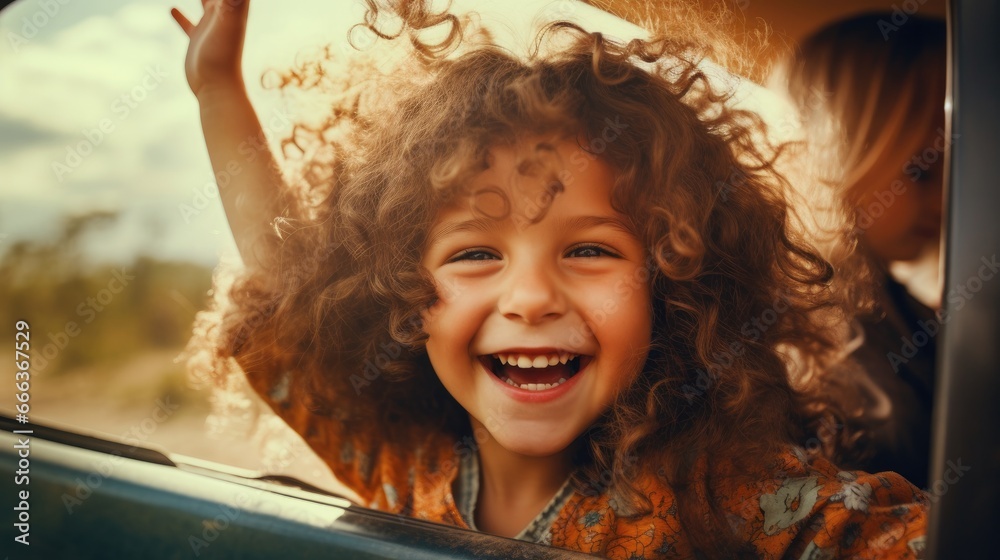 Happy children stretches her arms while sticking out car window. Lifestyle, travel, tourism, nature..family, travel, children, trip, journey, transportation - obrazy, fototapety, plakaty 