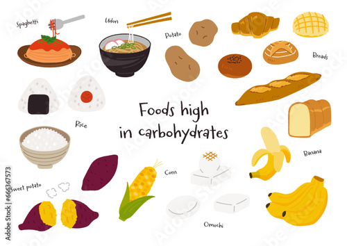 炭水化物を多く含む食べ物の手書きベクターイラストセット