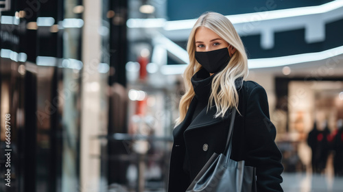 Woman in a medical protective face mask with black dress holding shopping bags in the mall, Coronavirus, Black Friday concept