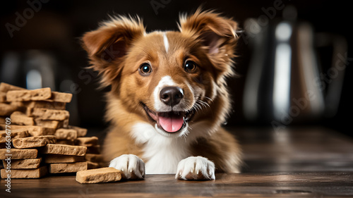 Funny cute little puppy standing by a wooden table with pile of dog biscuit treats. Happy portrait of dog with dog cookies and copy space photo