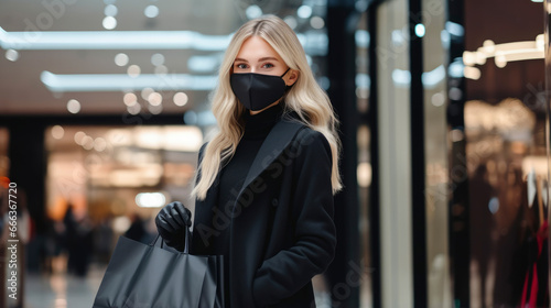 Woman in a medical protective face mask with black dress holding shopping bags in the mall, Coronavirus, Black Friday concept