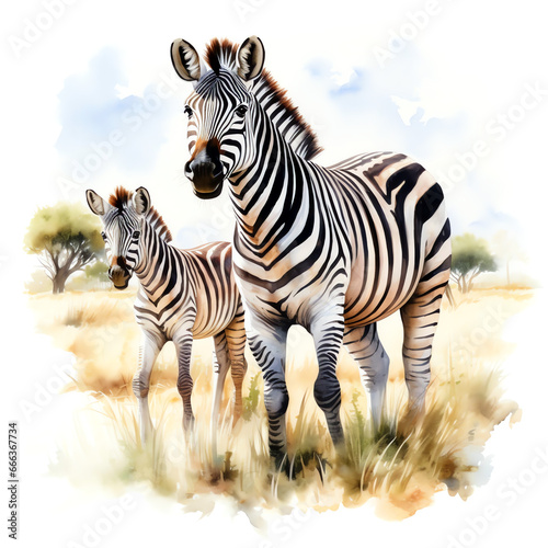 zebra mother and baby in the savannah watercolor illustration on white background