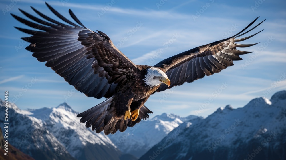 Obraz premium A breathtaking shot of a golden eagle soaring high above snow-capped peaks, its wings outstretched in majestic flight. Generative AI