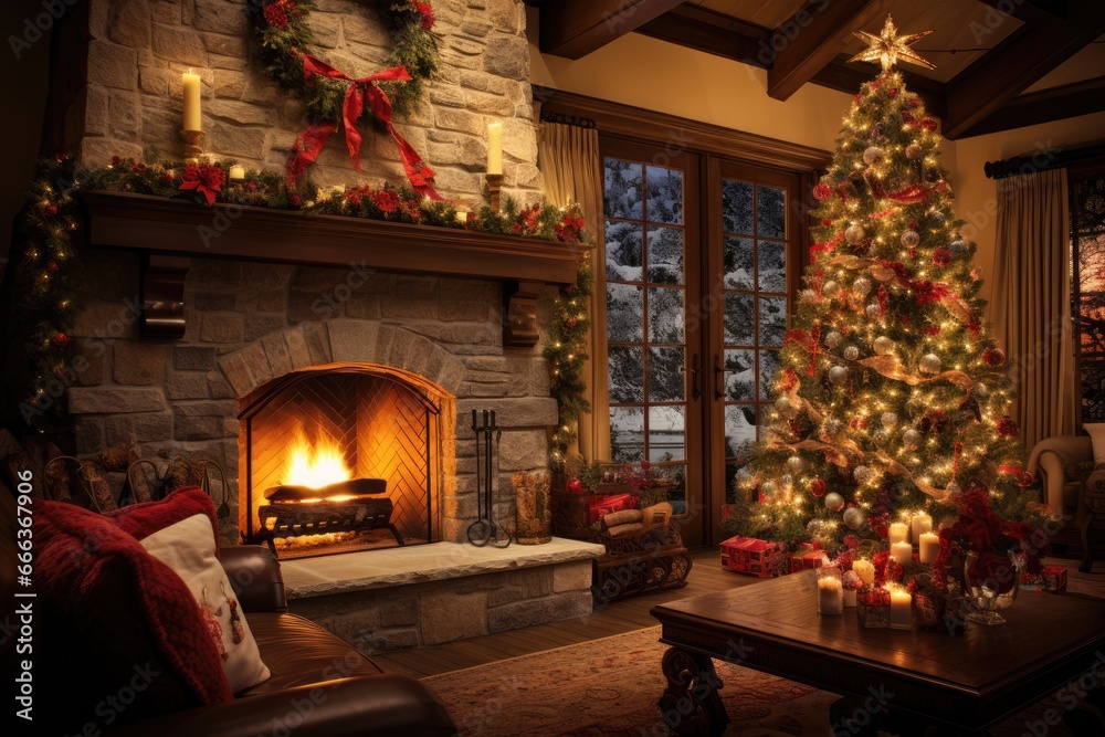 Stylish interior of living room with fireplace decorated Christmas tree. Christmas decoration. Generative AI