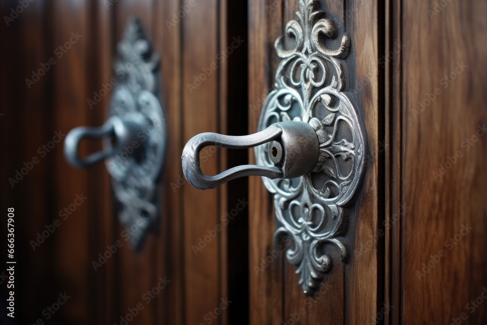 Ancient door handle on old door. Generative AI Ancient door handle on old door. Generative AI