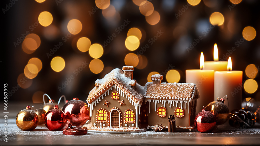 Gingerbread house with glaze standing on table with Christmas decorations, candles and lanterns bokeh lights. Living room with lights and Christmas tree. Holiday mood copy space