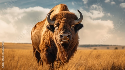 Wild American bison bull standing in grassy prairie. Generative AI