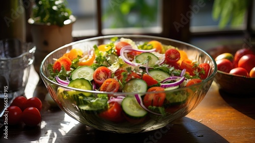 Mixed vegetable salad in clear glass bowl. Generative AI
