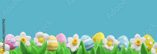 Seamless border with plasticine flowers and eggs with ornaments 3D style