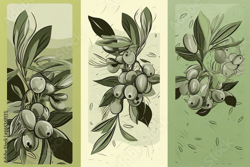 Olive oil labels collection. Hand drawn illustration templates for olive oil packaging.

