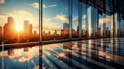 Glass facades of a skyscraper on a bright sunny day with sunbeams in the blue sky. Modern buildings in the business district. Economy, finance, business activity concept. Perspective view photo