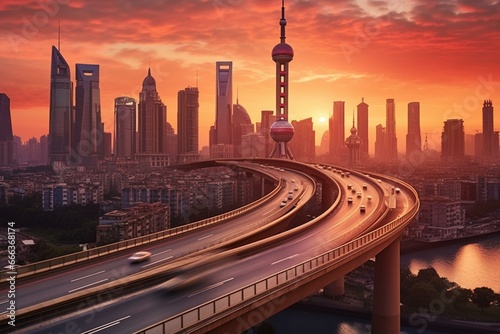 Sunrise over Shanghai's skyline with a bridge and road. Generative AI