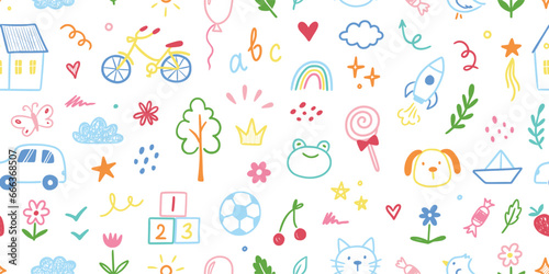 Kindergarten doodle vector background. Hand drawn doodle style children cute seamless pattern, preschool wallpaper. Kids education simple background with toy, car, house elements. Vector illustration © Polina Tomtosova