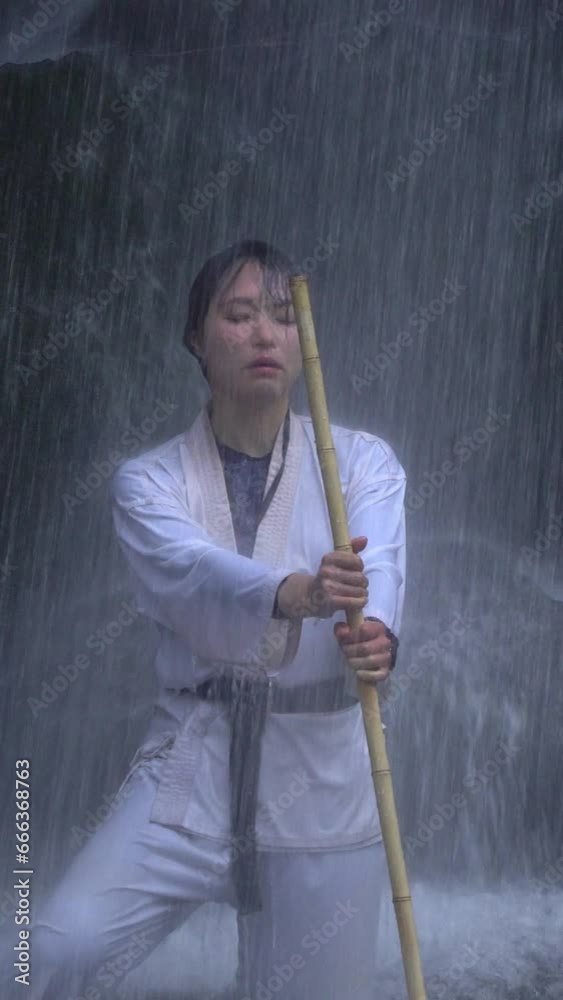 滝行をする女性
