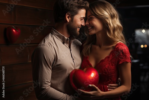Beautiful young couple at home. Hugging, kissing and enjoying spending time together while celebrating Saint Valentine's Day with gift box in hand and air balloons in shape of heart on the background.