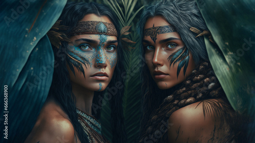 Portrait of Two Nymph Tribal Women in the Jungle