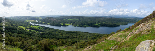 panoramic view of Lake Windermere towards Lakeside, from Gunner's How, Lake District, Cumbria, UK