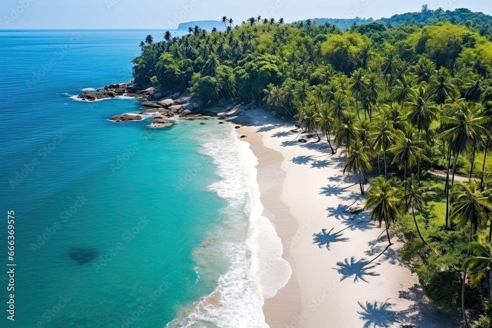 Aerial View of Beach Coastline: Stunning Tropical Beach and Sea Landscape under Sunny Skies