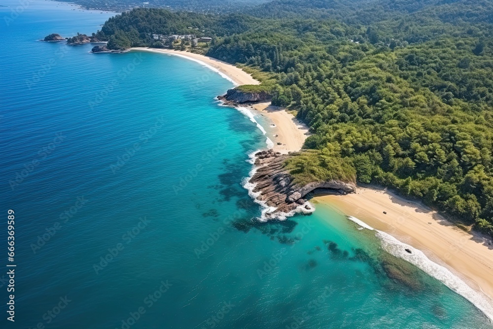 Aerial View of Beach Coastline: Nature Landscape of Beautiful Tropical Beach and Sea on a Sunny Day