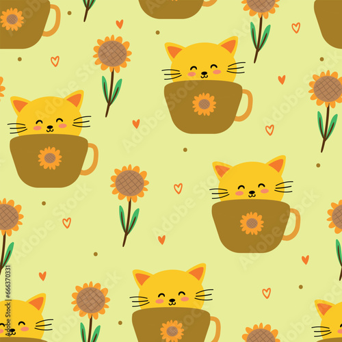 Seamless pattern of yellow cats and sunflowers for fabric prints, textiles, gift wrapping paper. colorful vector for children, flat style