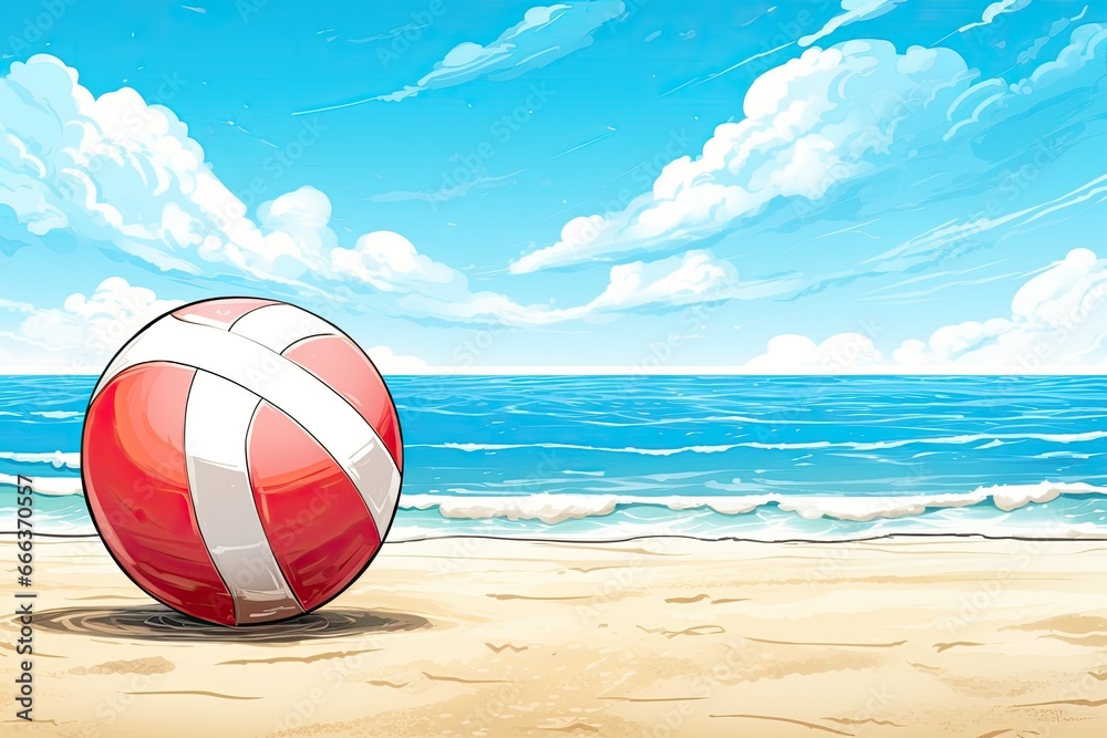Beach Ball Drawing: Wide Panorama Beach Background Concept for Relaxation and Fun