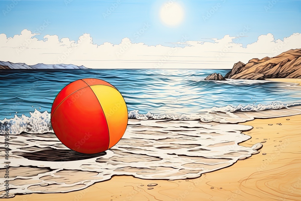 Panoramic Beach Landscape with Beach Ball Drawing: Vibrant and Serene Coastal Scene