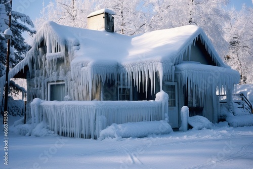 House covered in snow, with icicles hanging from the roof. Severe winter conditions. Generative AI