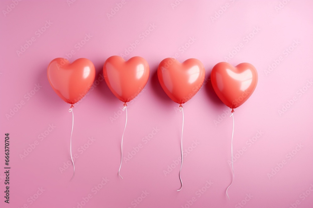 Four vibrant heart-shaped balloons floating against a pink backdrop, offering ample space for text. Generative AI