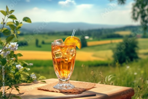 Refreshing glass of iced tea amidst a countryside summer scene. Generative AI