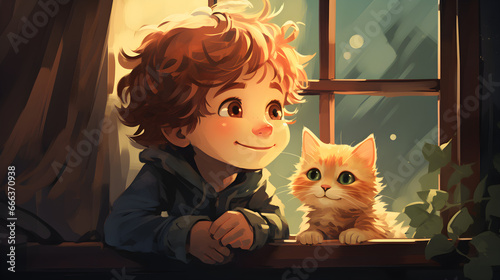 Whimsical Encounter, Red-Haired Boy and Cat Captivated by Open Window in Naive Art Style