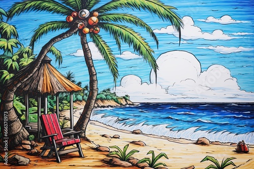Cartoon Beach Scene Drawing: Vibrant Beach Illustration with Playful Characters