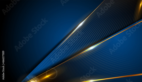 Dark blue abstract background with glowing golden lines and stripes. Vector corporate design