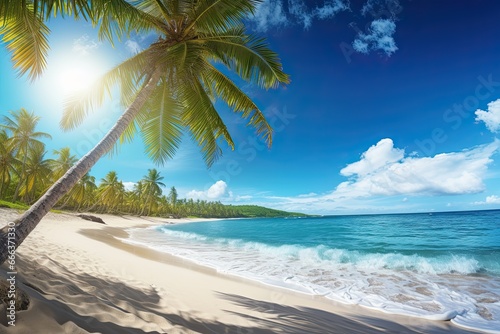 Beach Palm Tree and Beautiful Tropical Sea  Stunning Nature Landscape View in Sunny Day