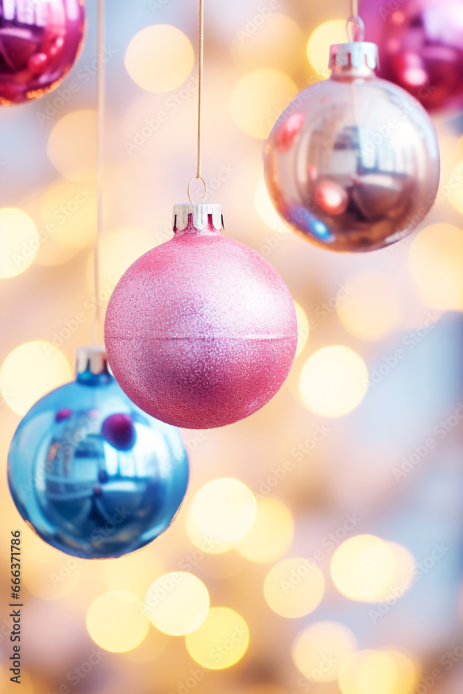 Obraz premium Christmas pastel colored baubles with beautiful bokeh lights