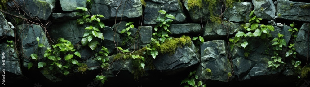 A stone wall background with a black rock texture, adorned by lush green veins and vibrant green nuggets, marries the rugged beauty of nature with a lively, natural touch.