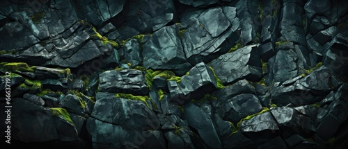 The stone wall's surface showcases a textured black rock, where vibrant green veins and nuggets introduce a refreshing and organic element to the rustic backdrop.