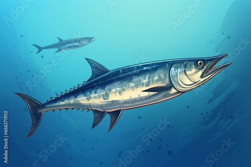 Illustration of a large dark blue Spanish mackerel wahoo fish on a background. Generative AI photo