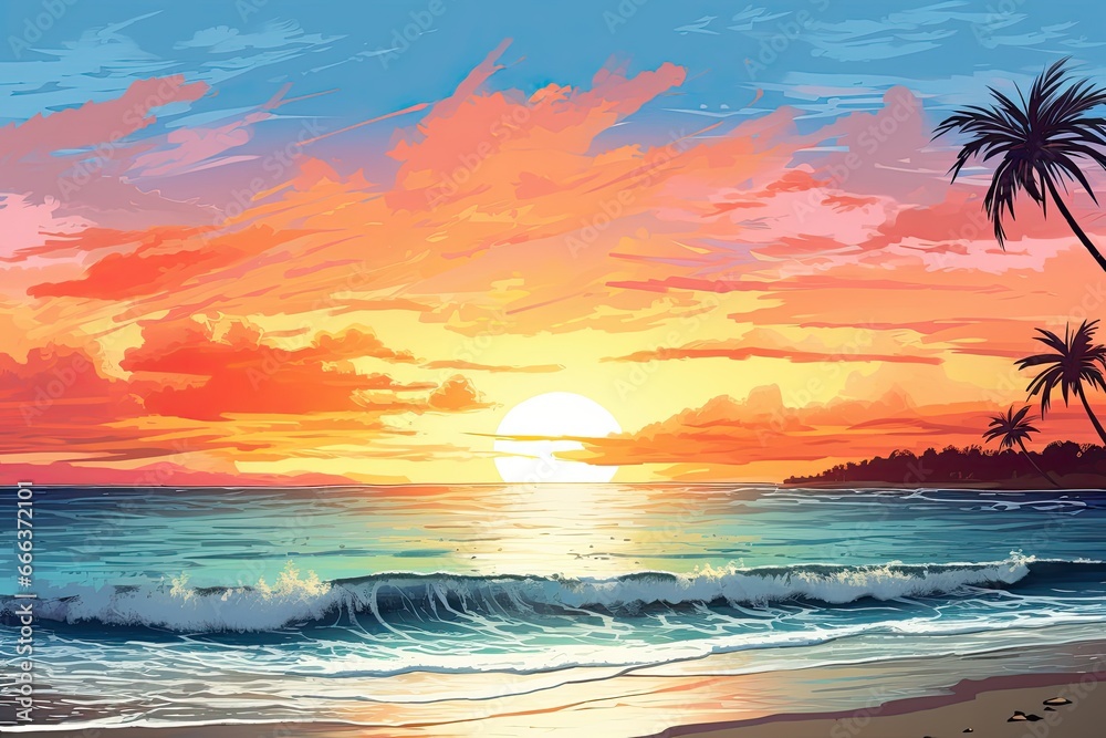 Beach Sunset Drawing - Wide Panorama Beach Background Concept for Captivating Digital Images