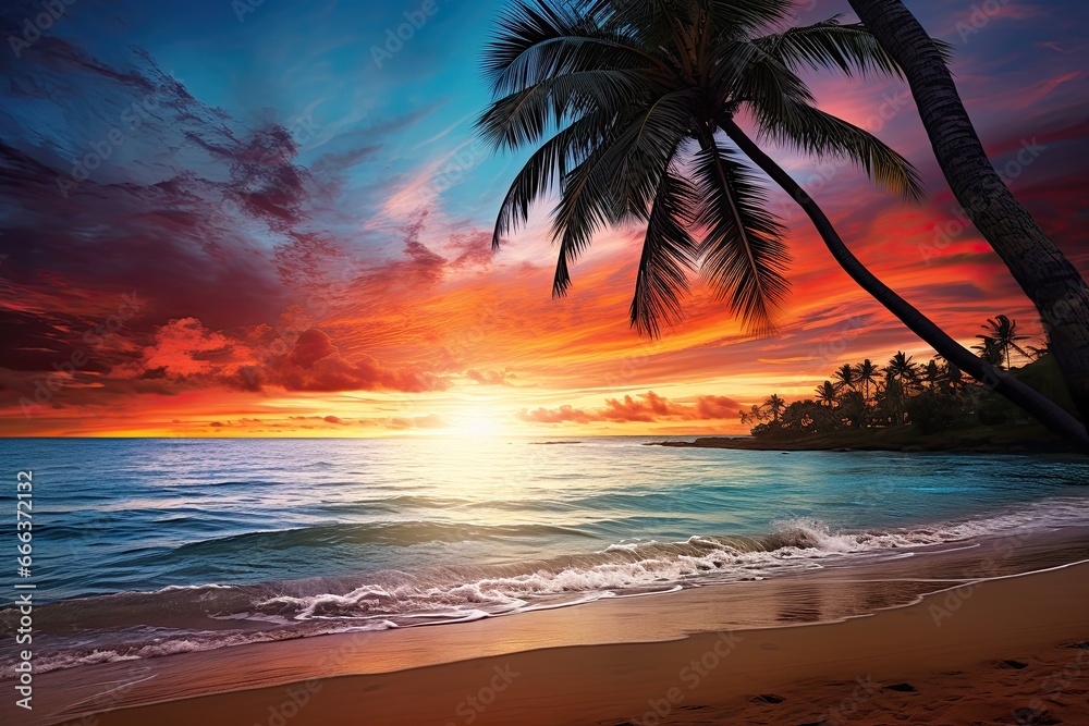 Beach Sunset with Palm Trees: Picturesque Palm Tree Beachscape
