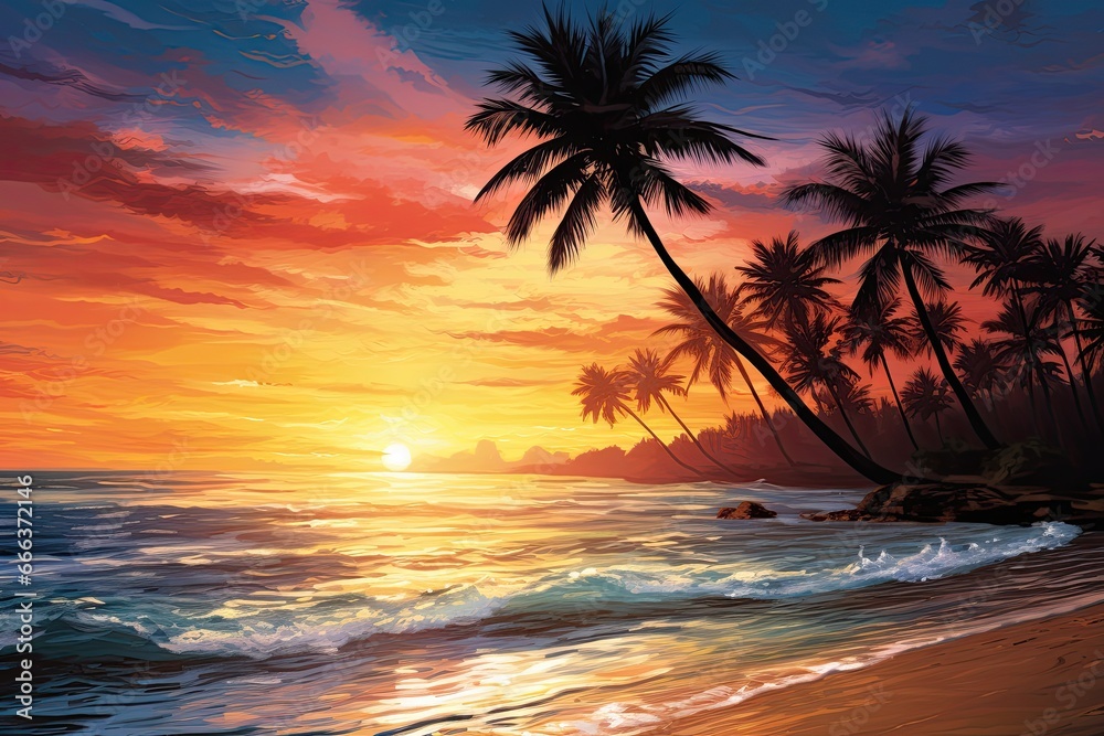 Beach Sunset with Palm Trees: Inspire Tropical Beach Seascape Horizon Digital Image