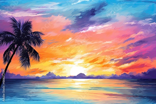 Beach Sunset Drawing: Palm Tree on Tropical Beach, Blue Sky, and White Clouds � Abstract Background