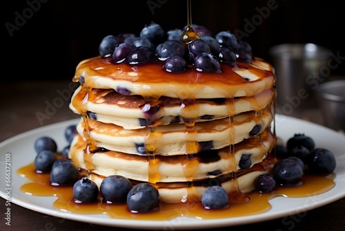 Fluffy pancakes topped with juicy blueberries and drizzled with sweet syrup. Generative AI