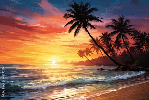 Beach Sunset with Palm Trees  Inspire Tropical Beach Seascape Horizon Digital Image