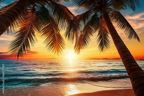 Beach Sunset with Palm Trees: Closeup of Sea Sand Beach - Captivating Coastal Scene