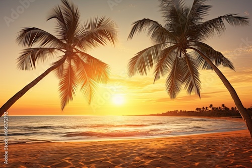 Beach Sunset with Palm Trees: Tranquil Summer Mood, Relaxing Sunlight & Serene Views