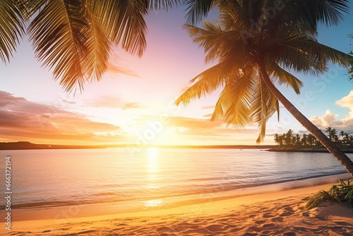Beach Sunset with Palm Trees  Tranquil Summer Mood and Relaxing Sunlight