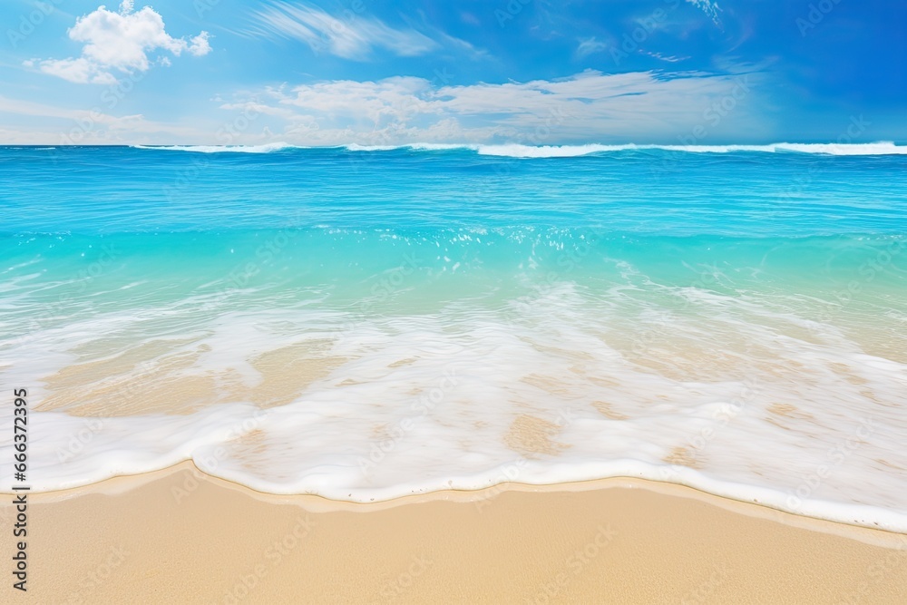 Beach View: Soft Wave of Blue Ocean on Sandy Beach Background - Tranquil and Serene Coastal Scene