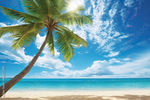 Beach Theme Background: Palm Tree on Tropical Beach with Blue Sky and White Clouds - Abstract, SEO-Friendly Image © Michael